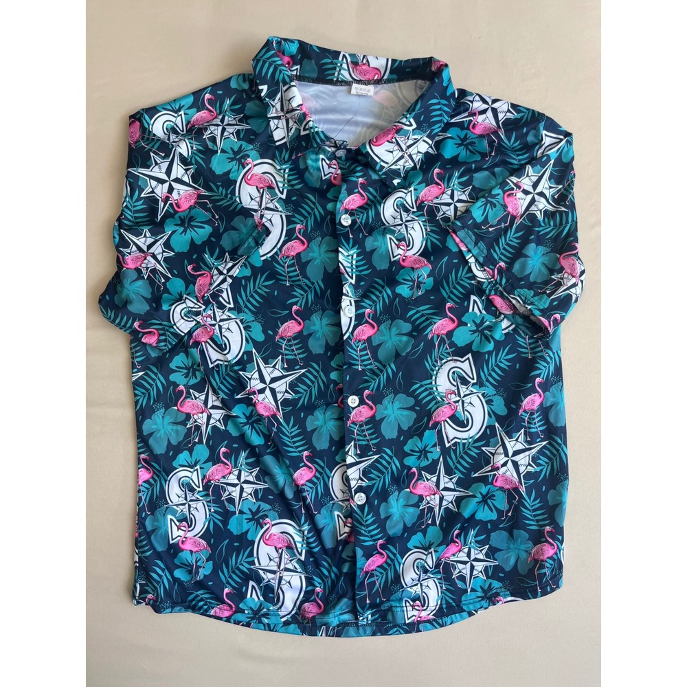 Seattle Mariners Mens XL Flamingo Tropical Floral Button Down Shirt Navy Blue